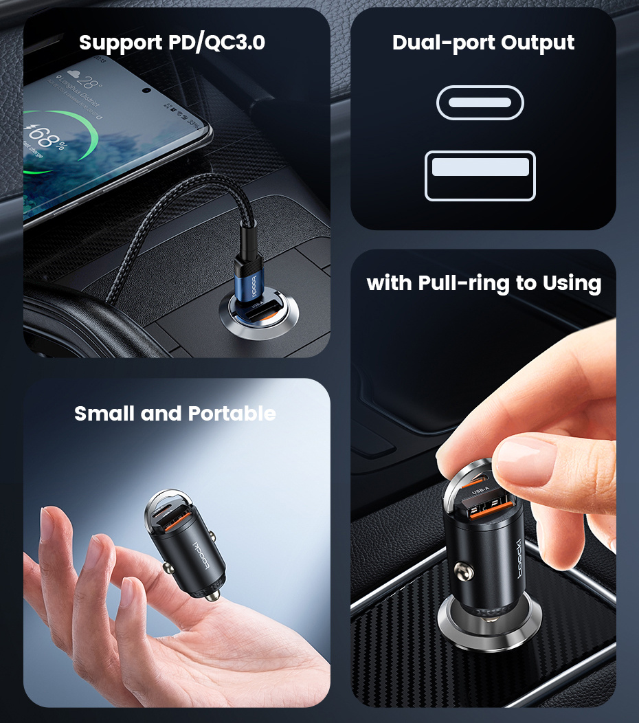 Toocki TQ-CC34A mini auto punjač s USB-C / USB-A priključcima - 30W - crni
