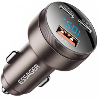 ESSAGER FSJ-008 auto punjač s zaslonom i priključcima 2x USB-C / USB-A - 105W - smeđa