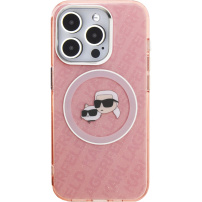 Karl Lagerfeld IML K&CH Heads Repeated Logo svjetlucava maskica s MagSafe za iPhone 15 Pro - ružičasta
