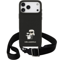 Karl Lagerfeld Saffiano Crossbody Metal Karl and Choupette maska s podesivim remenom za iPhone 17 Pro - crna