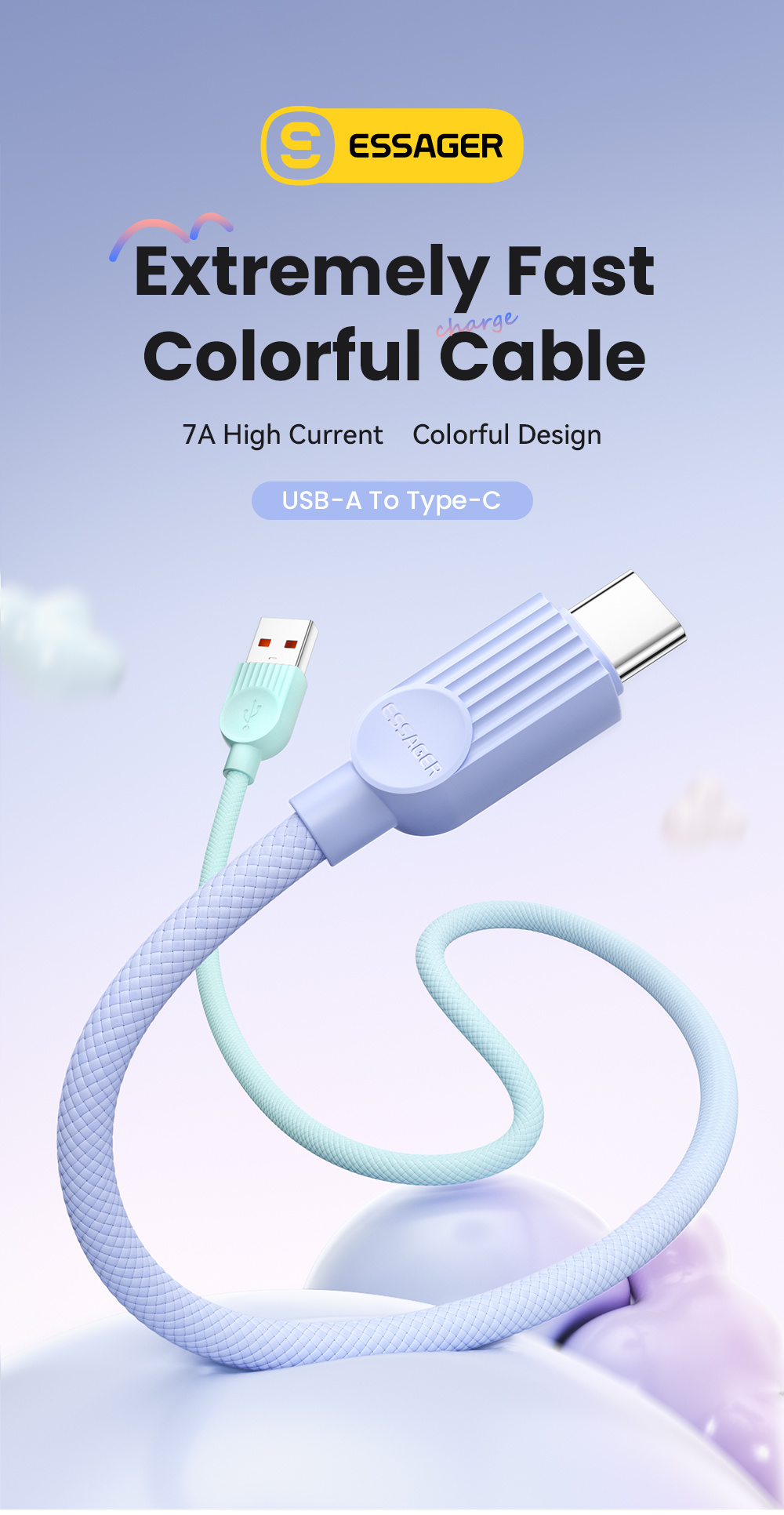 ESSAGER ES-X73 pleteni kabel za punjenje i prijenos podataka - USB-A na USB-C - 25 cm - mentol ljubičasta