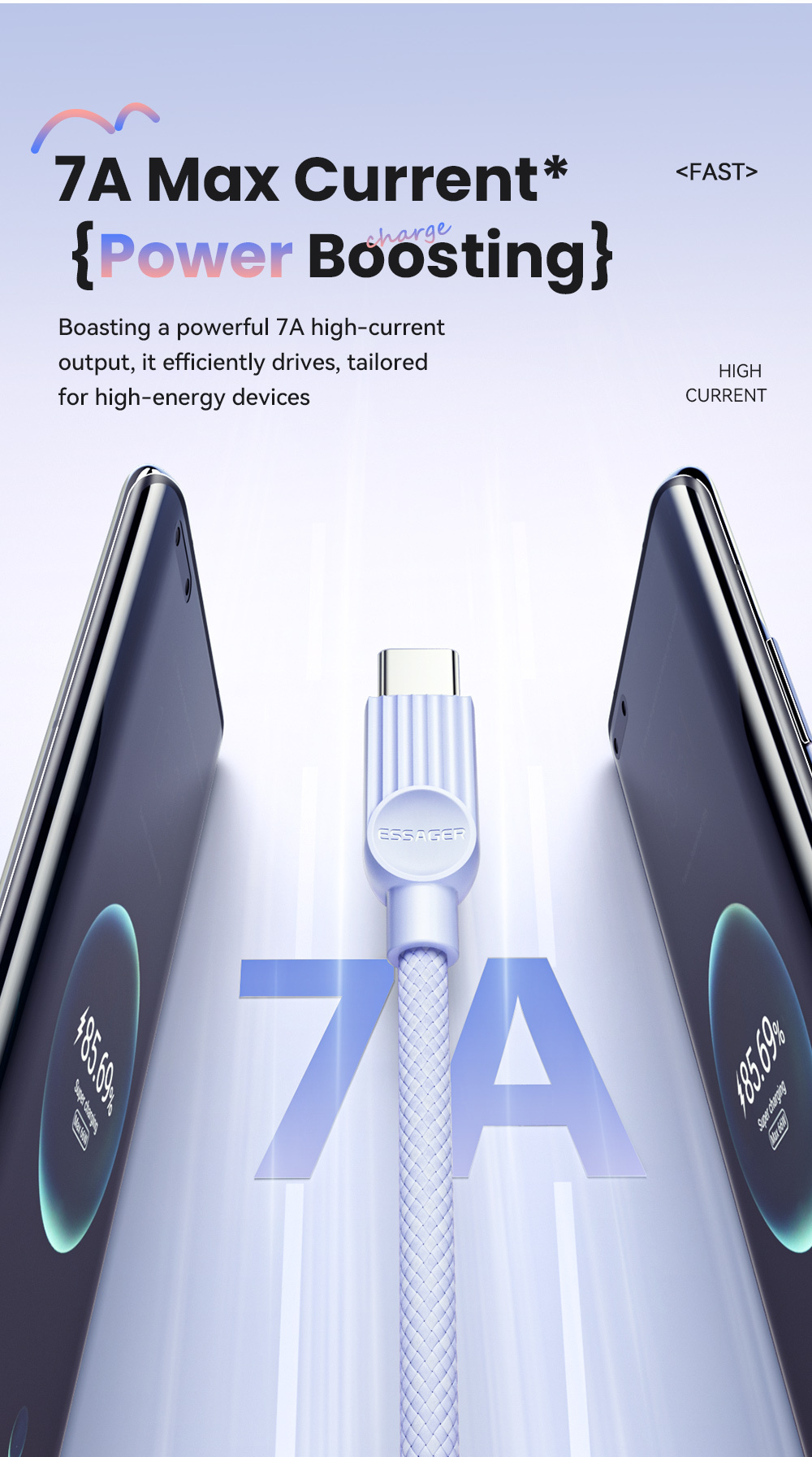 ESSAGER ES-X73 pleteni kabel za punjenje i prijenos podataka - USB-A na USB-C - 25 cm - mentol ljubičasta