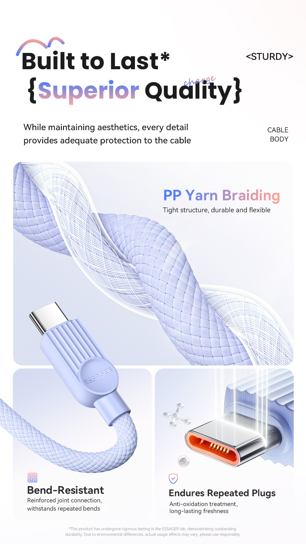 ESSAGER ES-X73 pleteni kabel za punjenje i prijenos podataka - USB-A na USB-C - 25 cm - mentol ljubičasta