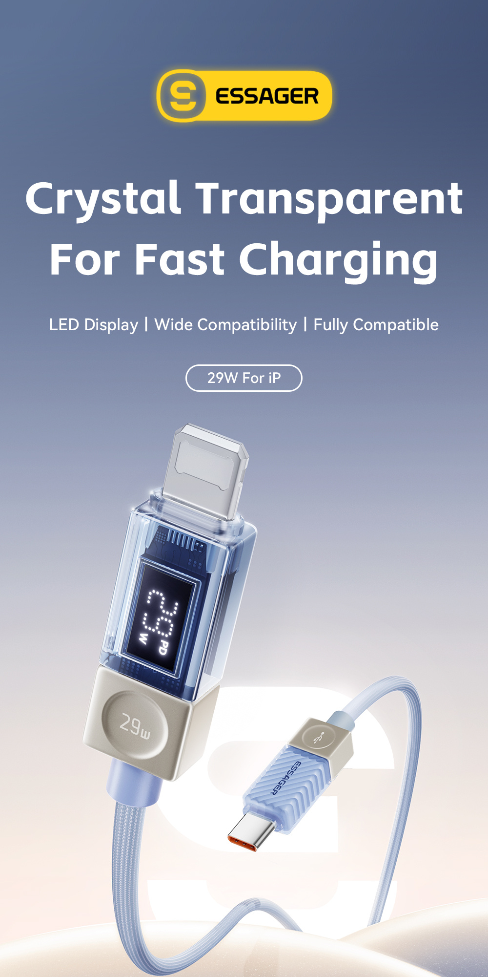 ESSAGER Crystal Clear pleteni kabel za punjenje i prijenos podataka - USB-C na Lightning - 1 m - plavo-ljubičasti