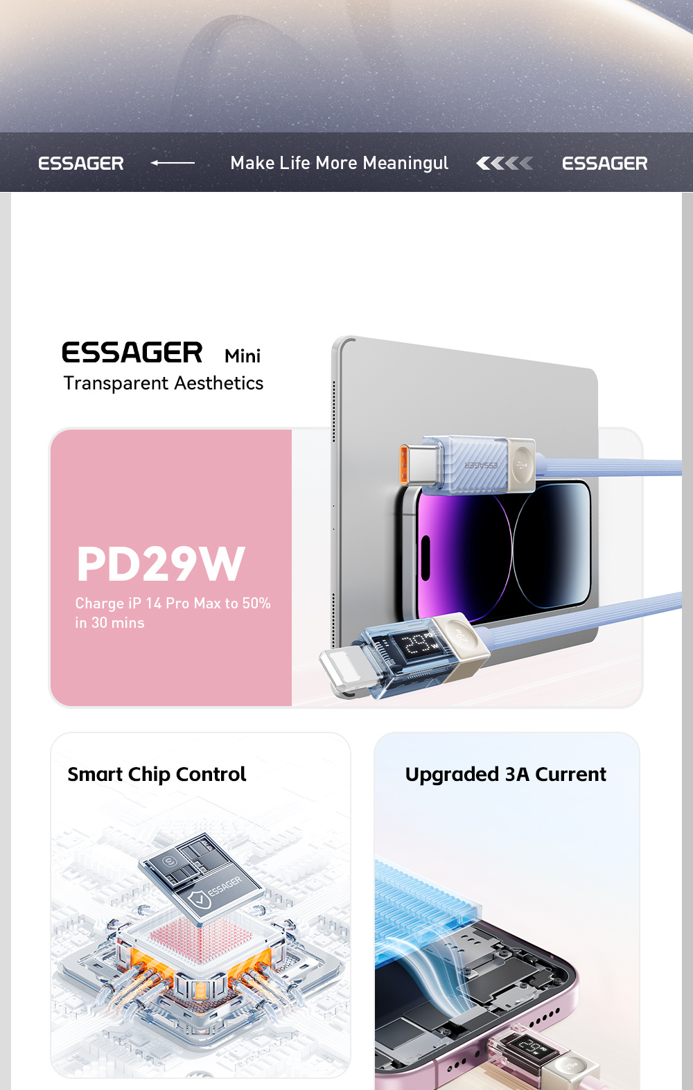 ESSAGER Crystal Clear pleteni kabel za punjenje i prijenos podataka - USB-C na Lightning - 1 m - plavo-ljubičasti