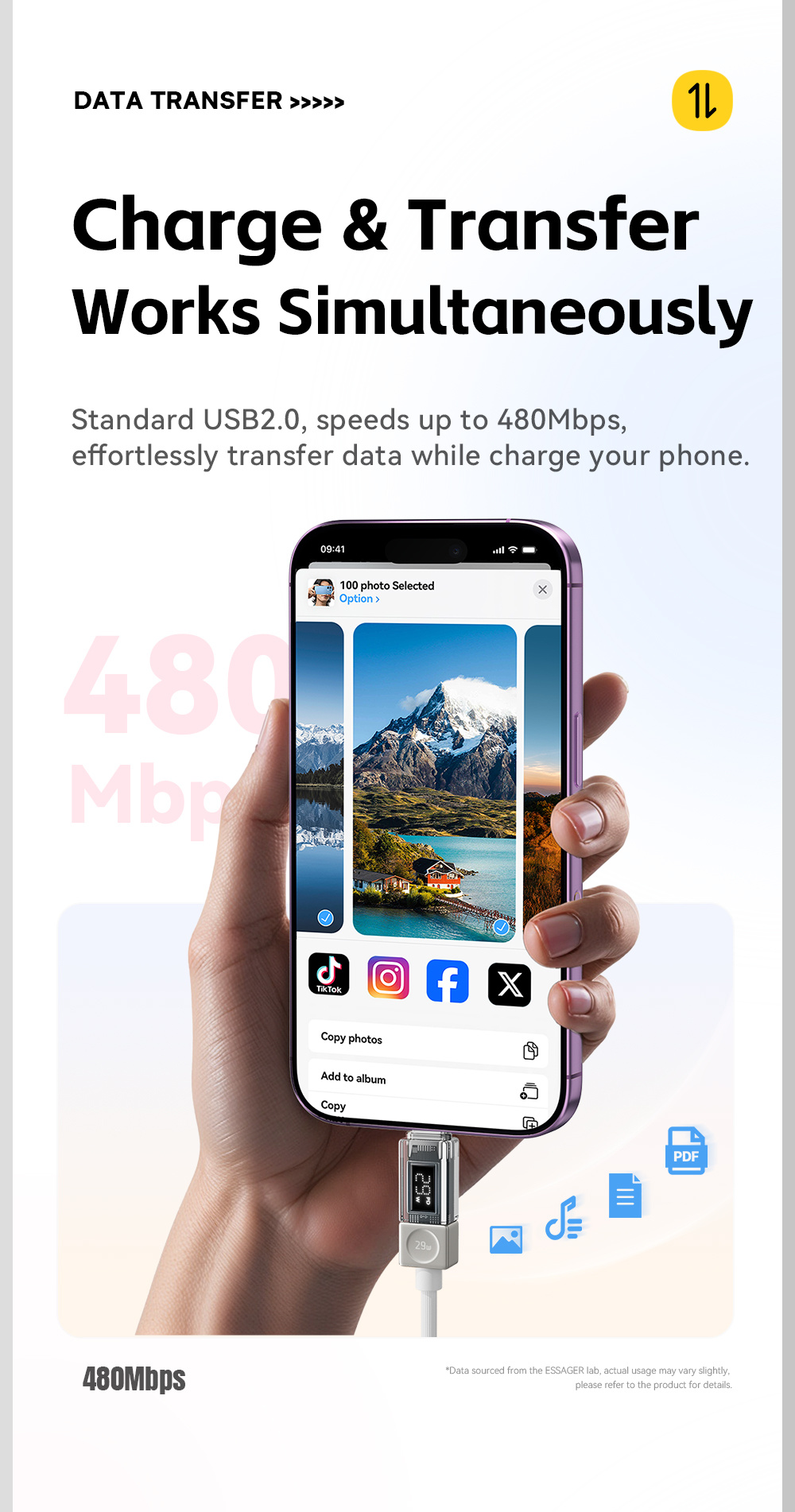 ESSAGER Crystal Clear pleteni kabel za punjenje i prijenos podataka - USB-C na Lightning - 1 m - plavo-ljubičasti