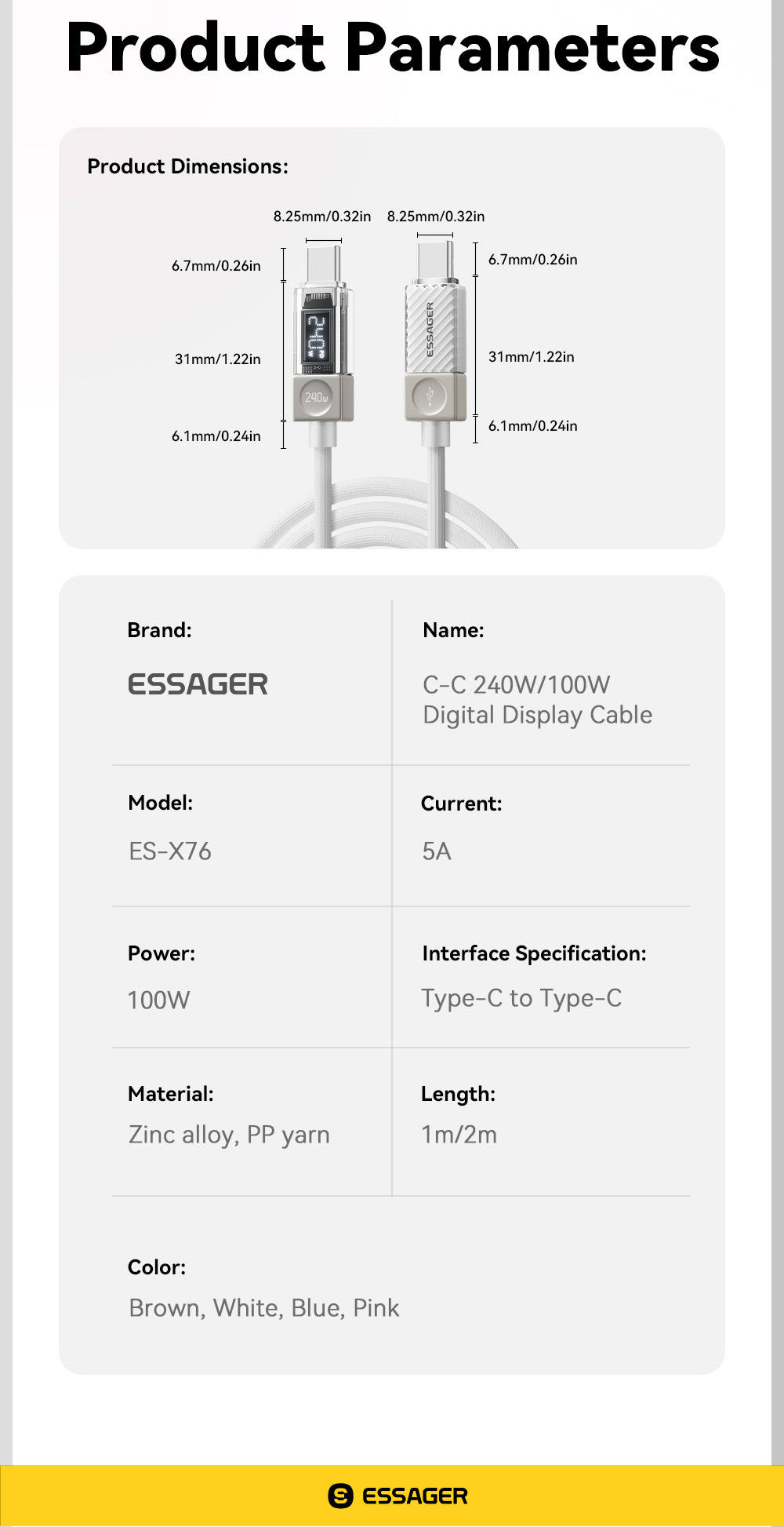 ESSAGER Crystal Clear pleteni kabel za punjenje i prijenos podataka - USB-C na USB-C - 2 m - ružičasta