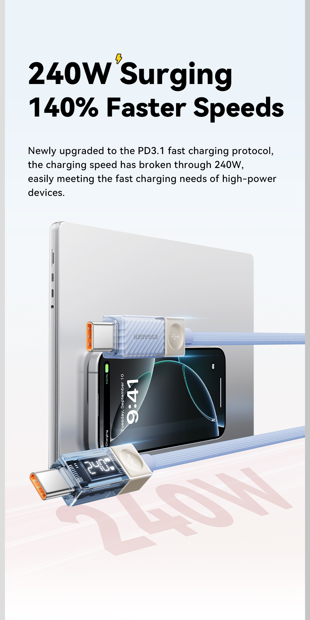 ESSAGER Crystal Clear pleteni kabel za punjenje i prijenos podataka - USB-C na USB-C - 1 m - ružičasti