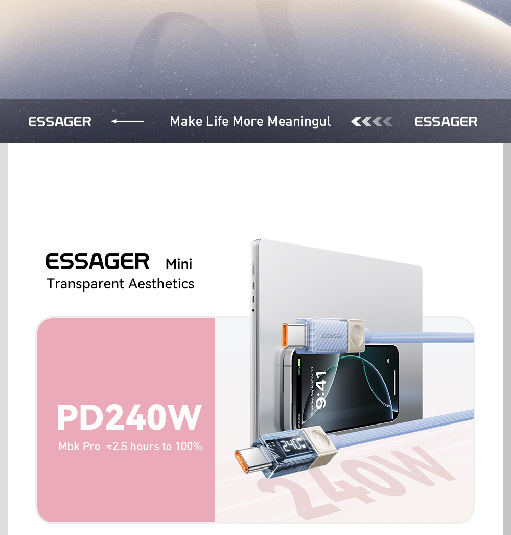 ESSAGER Crystal Clear pleteni kabel za punjenje i prijenos podataka - USB-C na USB-C - 1 m - bijeli