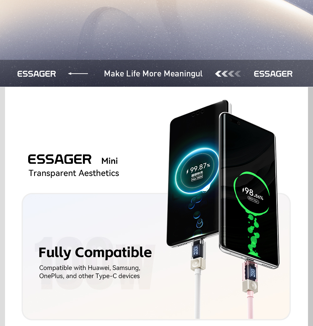 ESSAGER Crystal Clear pleteni kabel za punjenje i prijenos podataka - USB-A na USB-C - 2 m - smeđa
