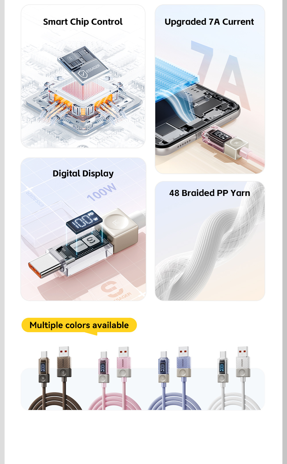 ESSAGER Crystal Clear pleteni kabel za punjenje i prijenos podataka - USB-A na USB-C - 1 m - ružičasti
