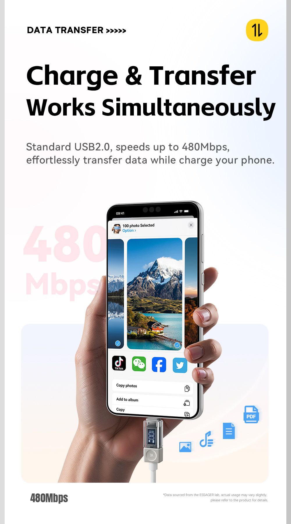 ESSAGER Crystal Clear pleteni kabel za punjenje i prijenos podataka - USB-A na USB-C - 1 m - ružičasti
