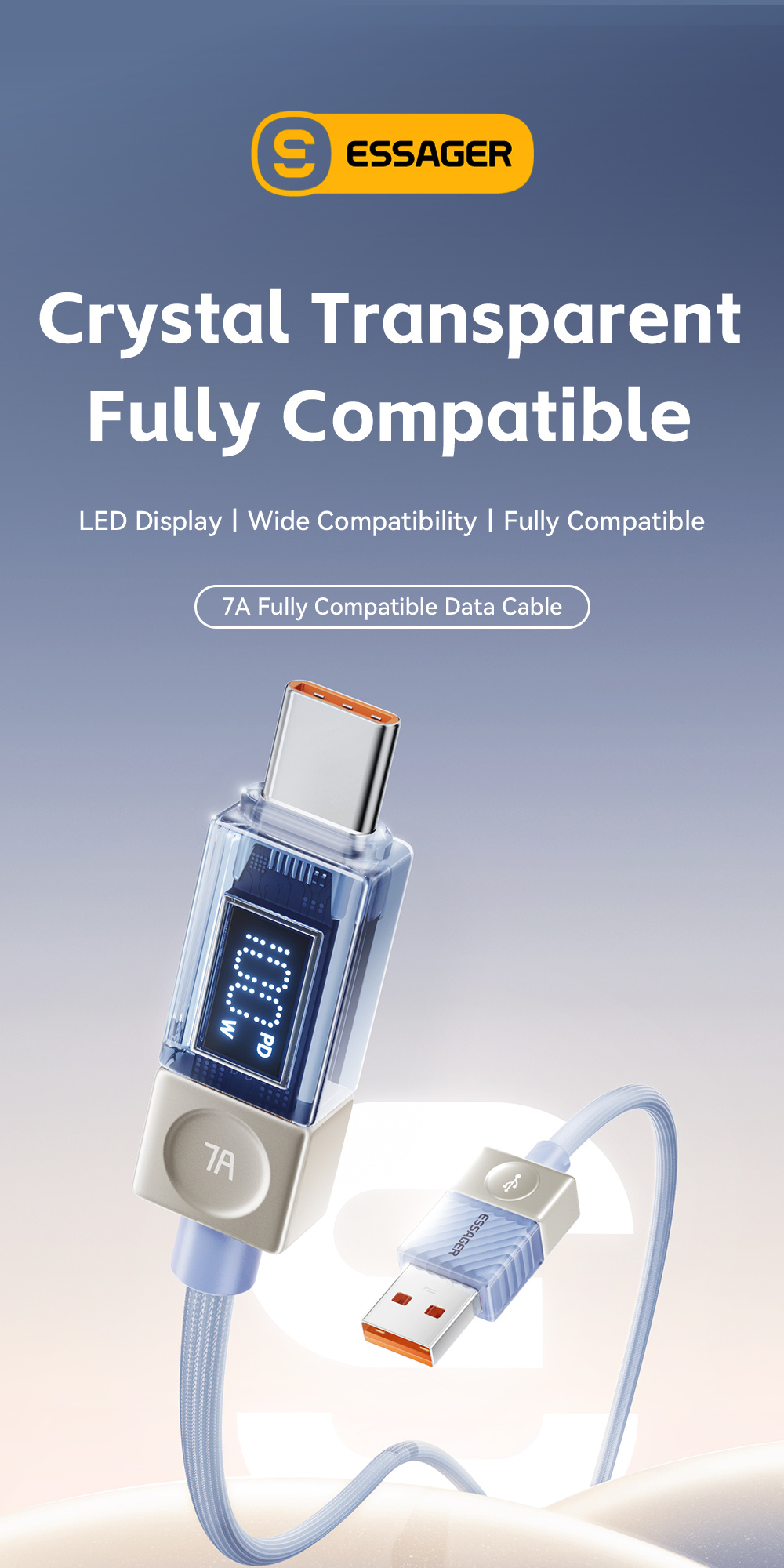 ESSAGER Crystal Clear pleteni kabel za punjenje i prijenos podataka - USB-A na USB-C - 1 m - smeđa