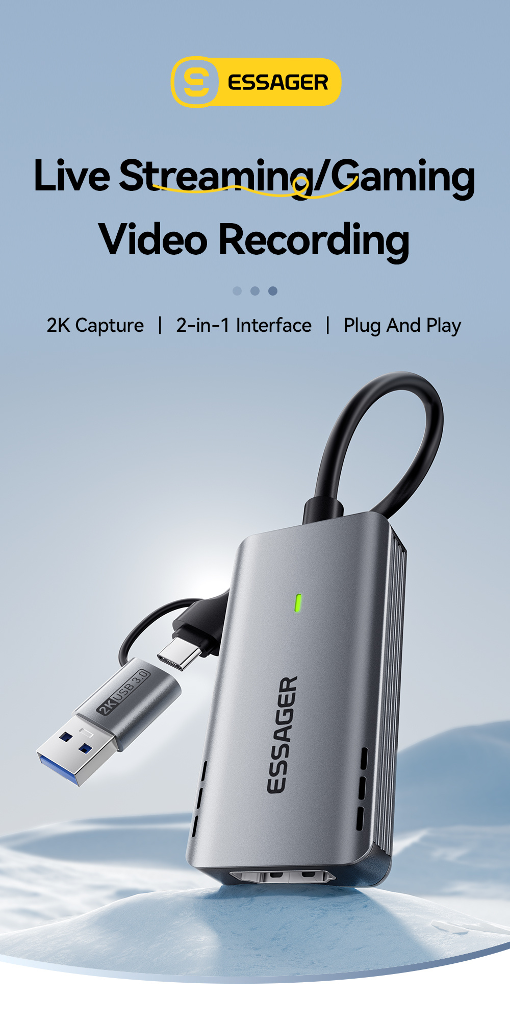 ESSAGER ES-CJK01 2u1 video adapter - HDMI na USB-C / USB-A - tamnosiva