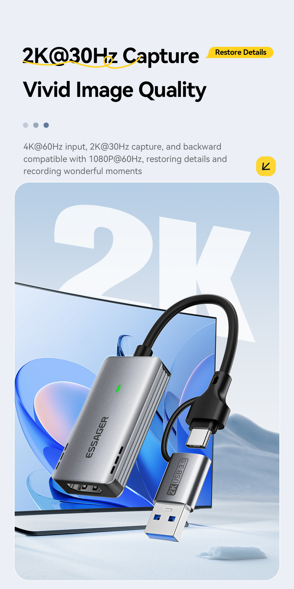 ESSAGER ES-CJK01 2u1 video adapter - HDMI na USB-C / USB-A - tamnosiva