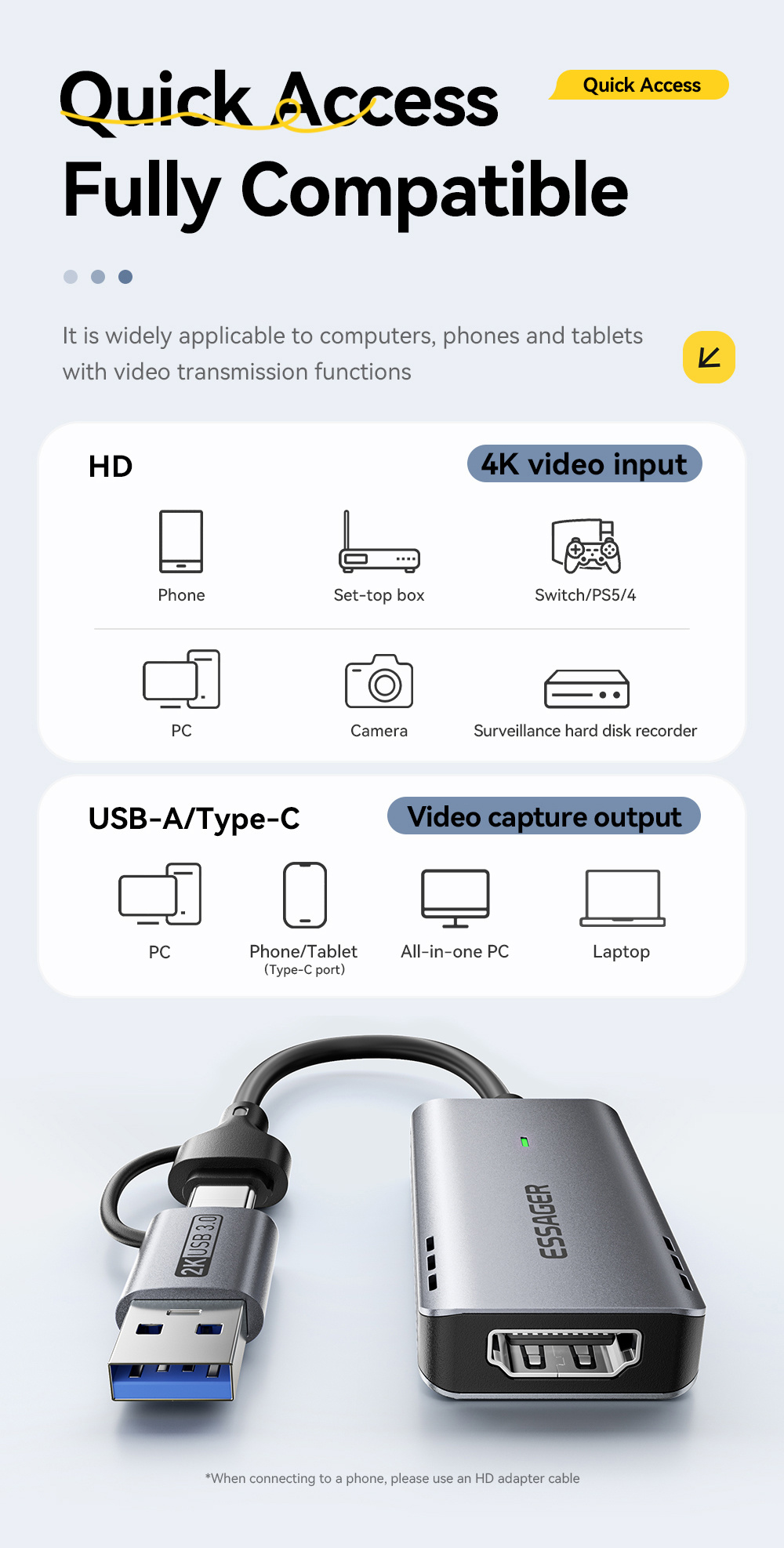 ESSAGER ES-CJK01 2u1 video adapter - HDMI na USB-C / USB-A - tamnosiva