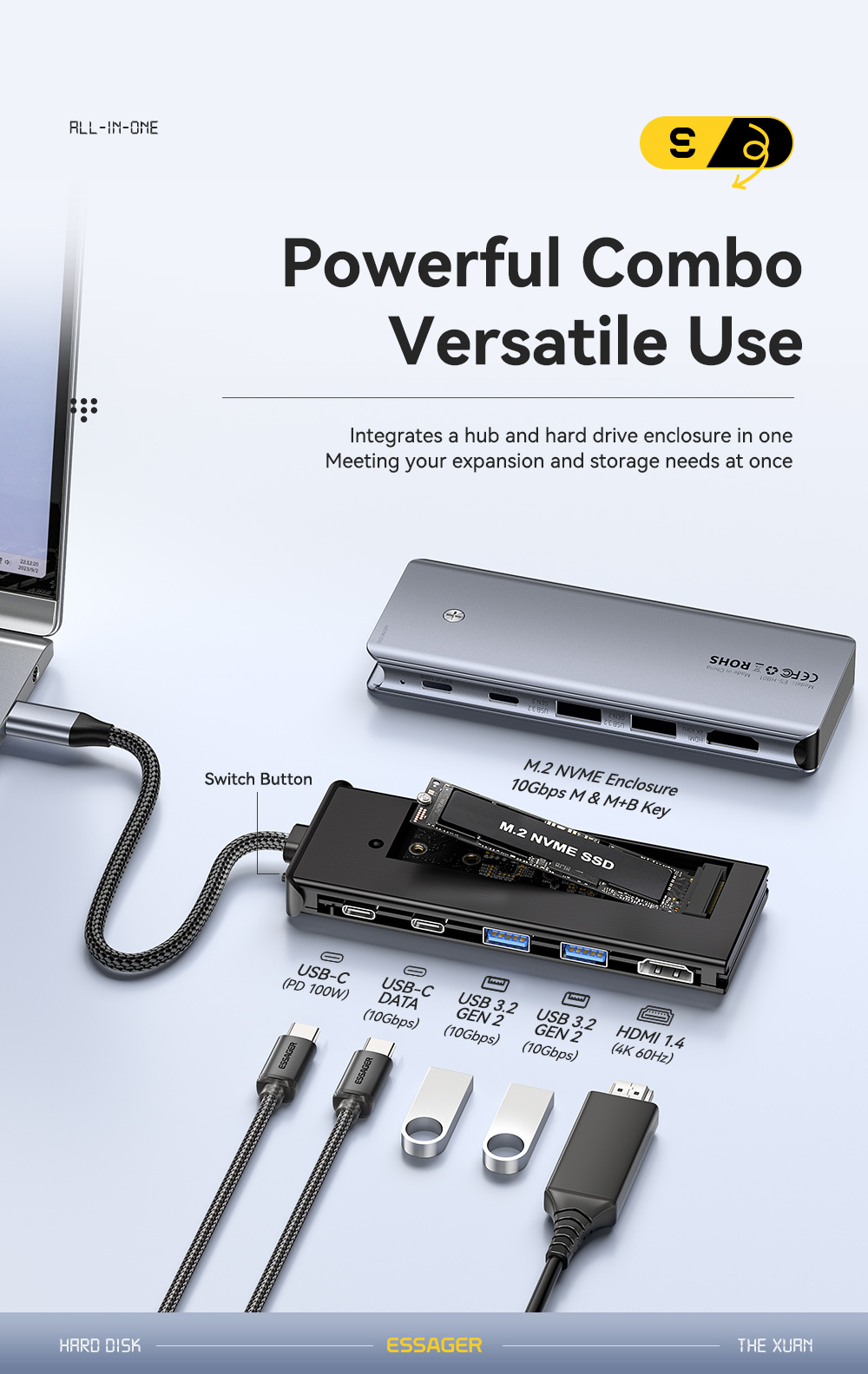 ESSAGER ES-HB01 7u1 hub - SSD disk / utor za SD / TF karticu / 2x USB-C / 2x USB-A na USB-C - tamnosivi