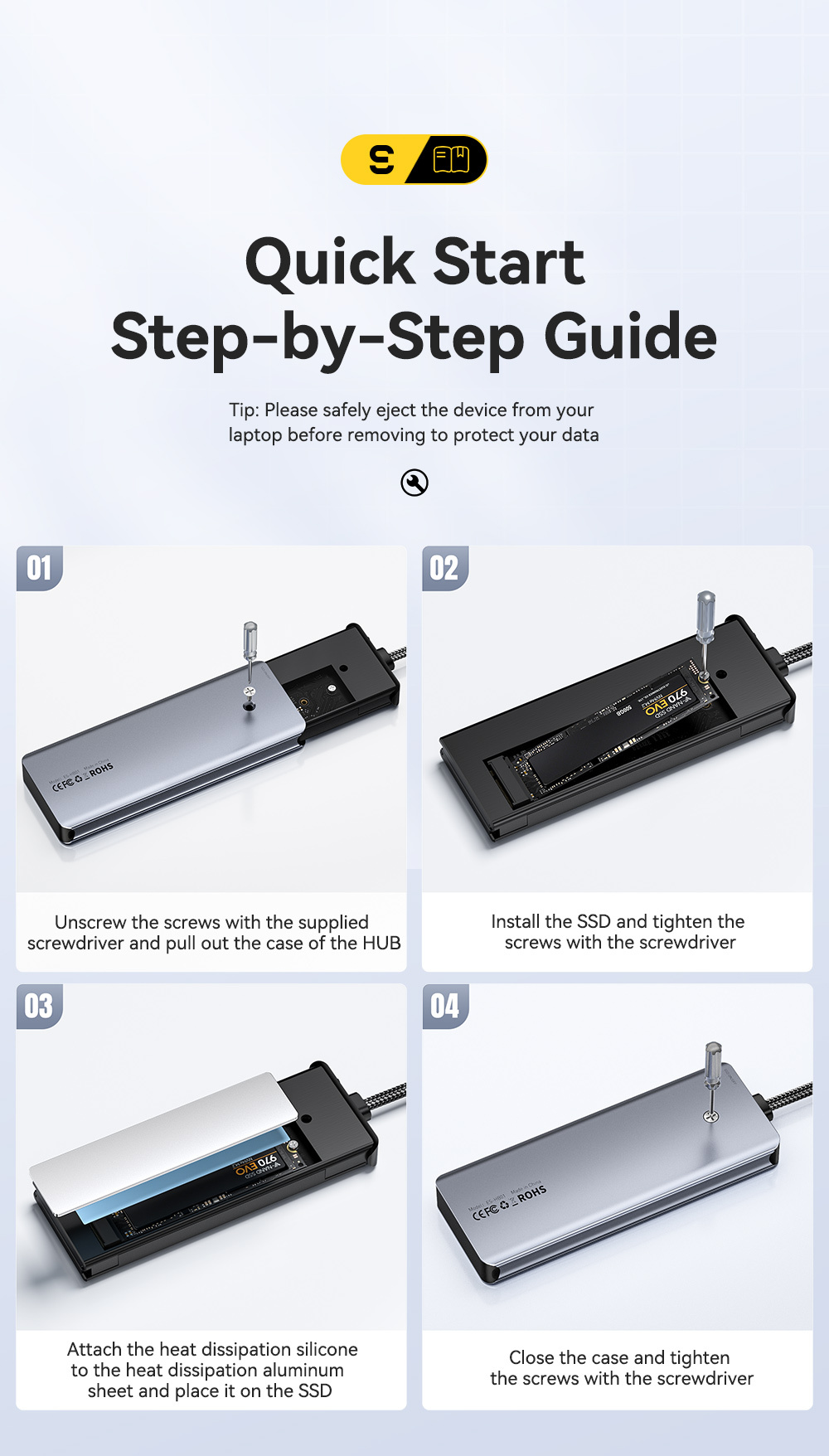 ESSAGER ES-HB01 7u1 hub - SSD disk / utor za SD / TF karticu / 2x USB-C / 2x USB-A na USB-C - tamnosivi