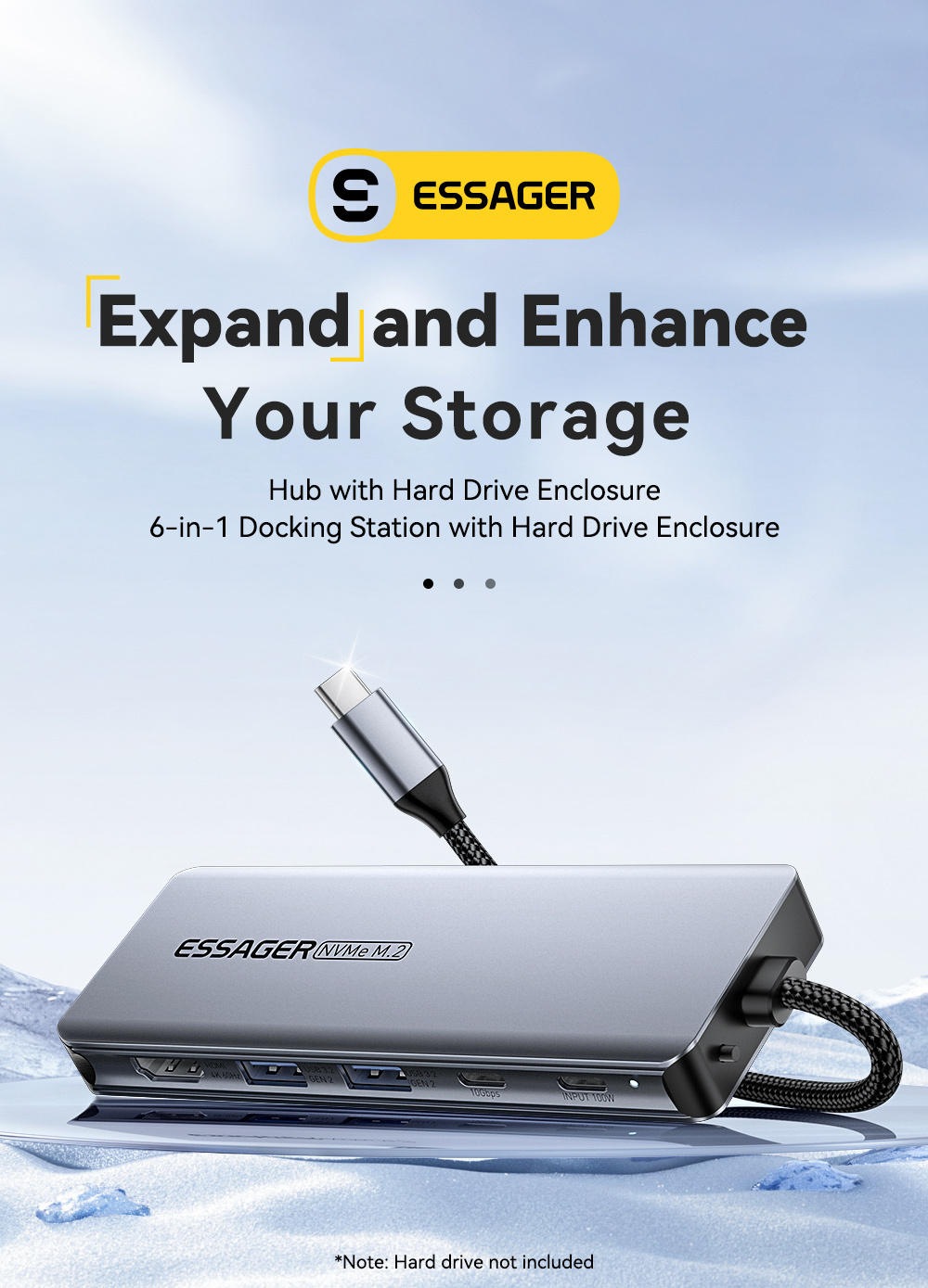 ESSAGER ES-HB01 6u1 hub - SSD disk / HDMI / 2x USB-C / 2x USB-A na USB-C - tamno sivi