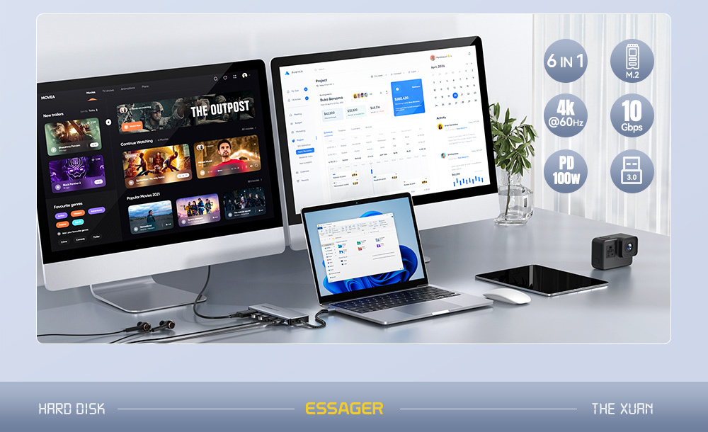 ESSAGER ES-HB01 6u1 hub - SSD disk / HDMI / 2x USB-C / 2x USB-A na USB-C - tamno sivi