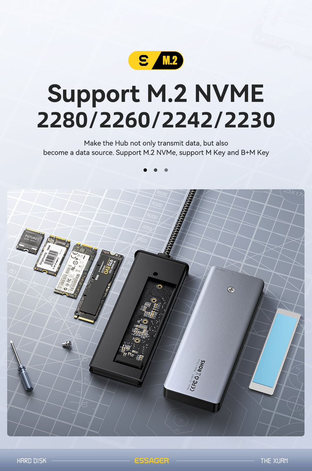 ESSAGER ES-HB01 6u1 hub - SSD disk / HDMI / 2x USB-C / 2x USB-A na USB-C - tamno sivi