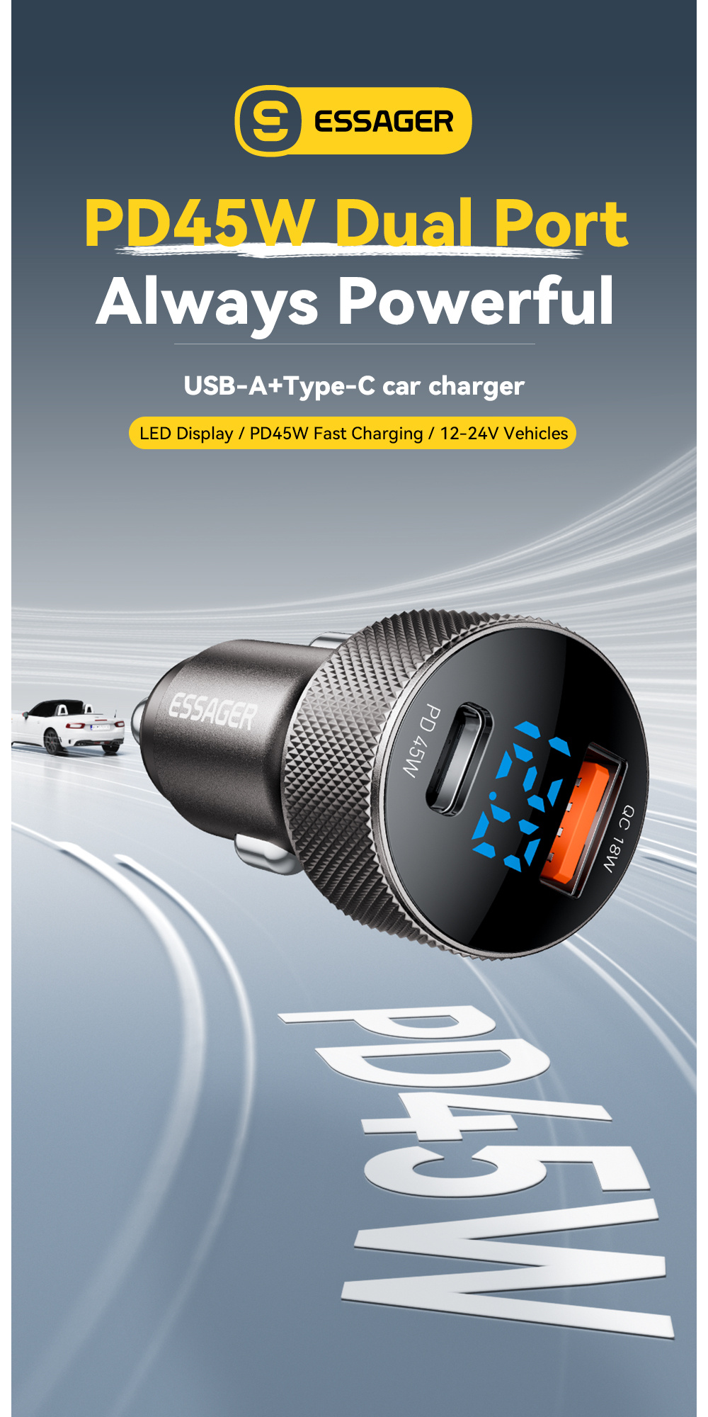ESSAGER ES-CC21 auto punjač s portovima USB-C / USB-A - 45W - crni