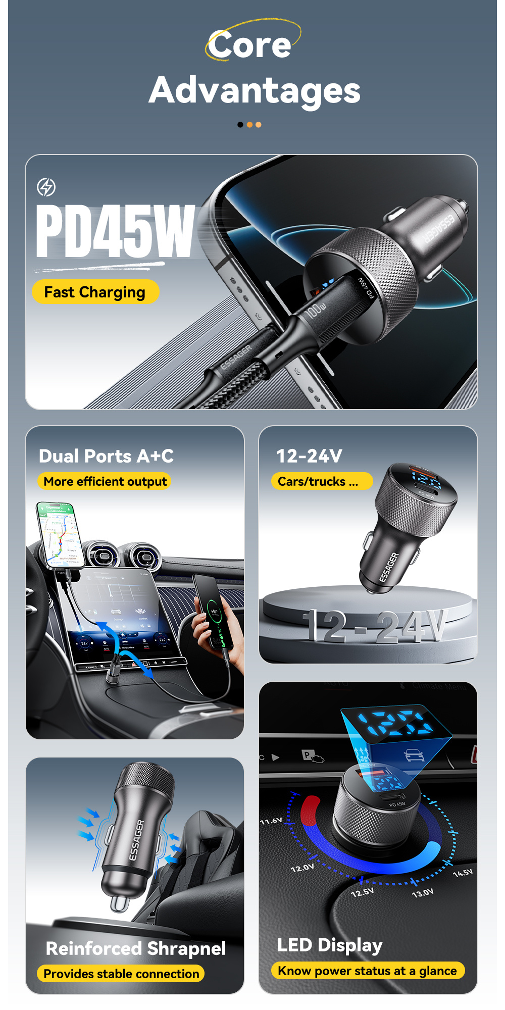 ESSAGER ES-CC21 auto punjač s portovima USB-C / USB-A - 45W - crni