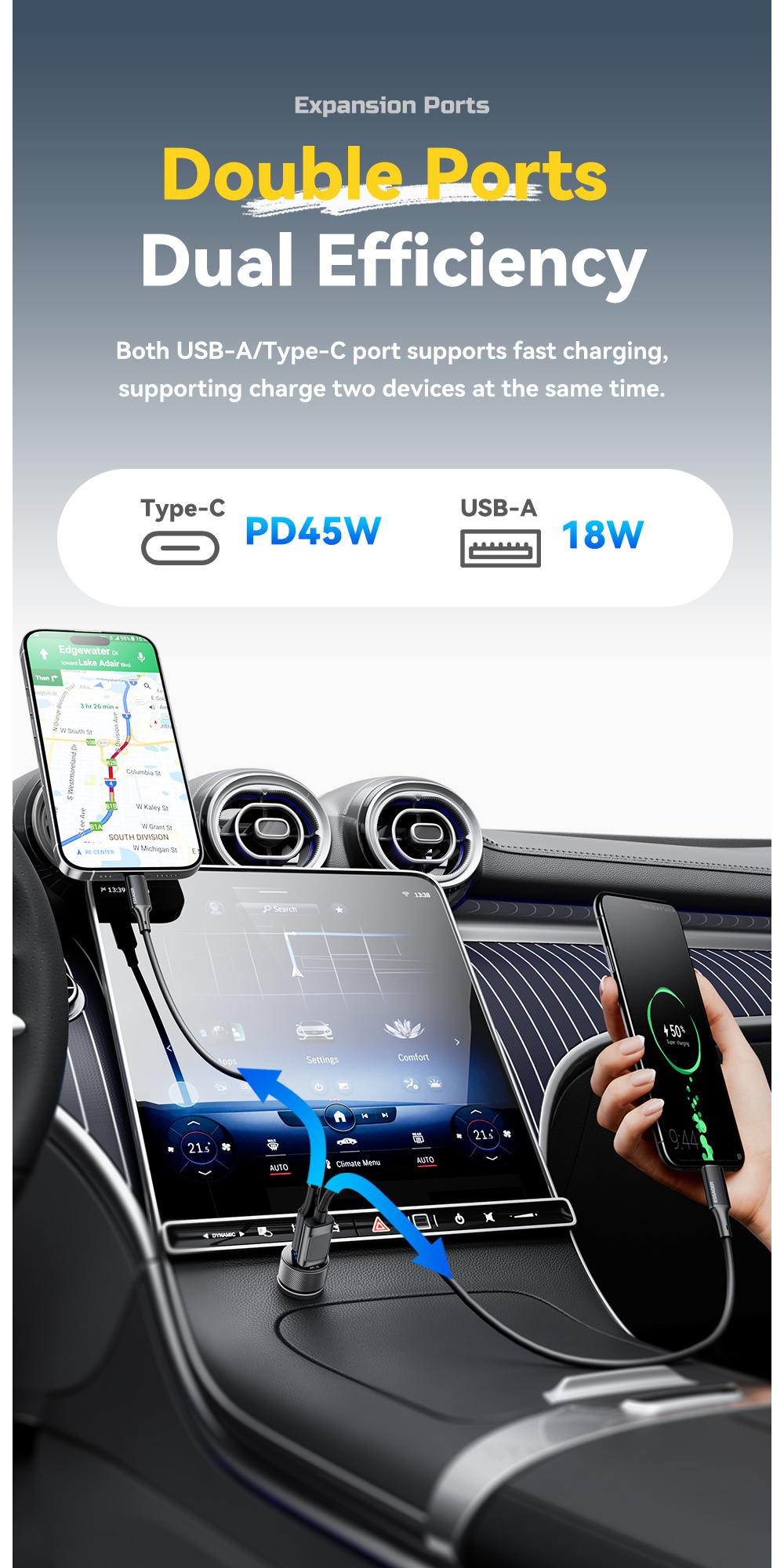 ESSAGER ES-CC21 auto punjač s portovima USB-C / USB-A - 45W - crni
