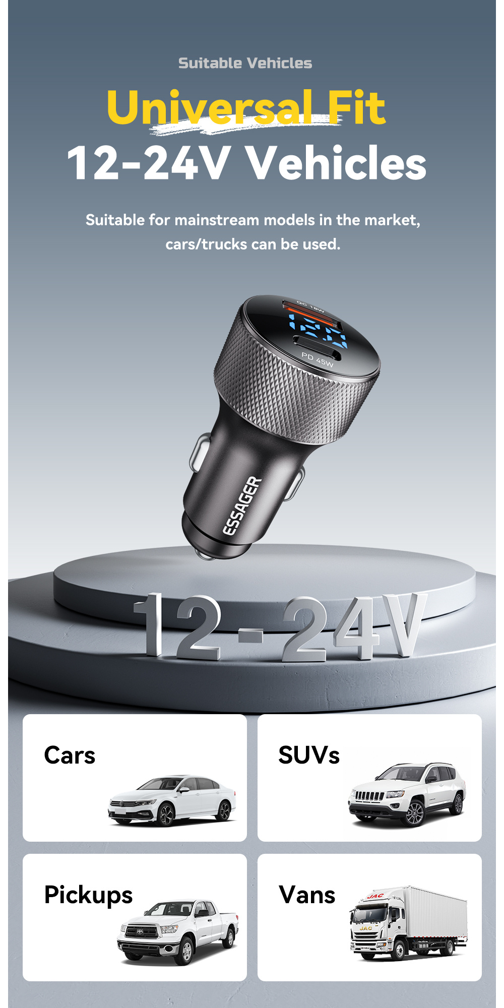 ESSAGER ES-CC21 auto punjač s portovima USB-C / USB-A - 45W - crni