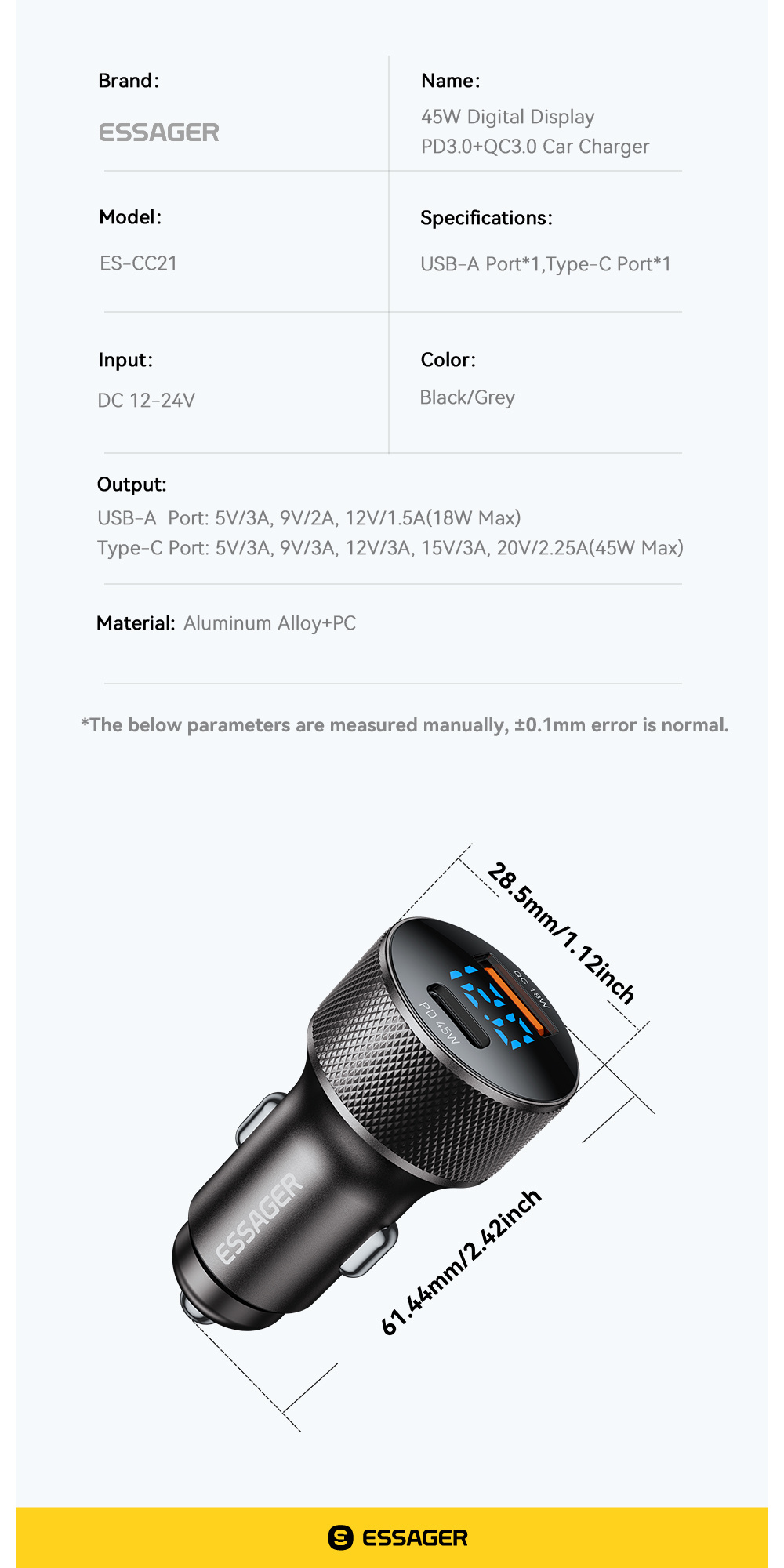 ESSAGER ES-CC21 auto punjač s portovima USB-C / USB-A - 45W - crni