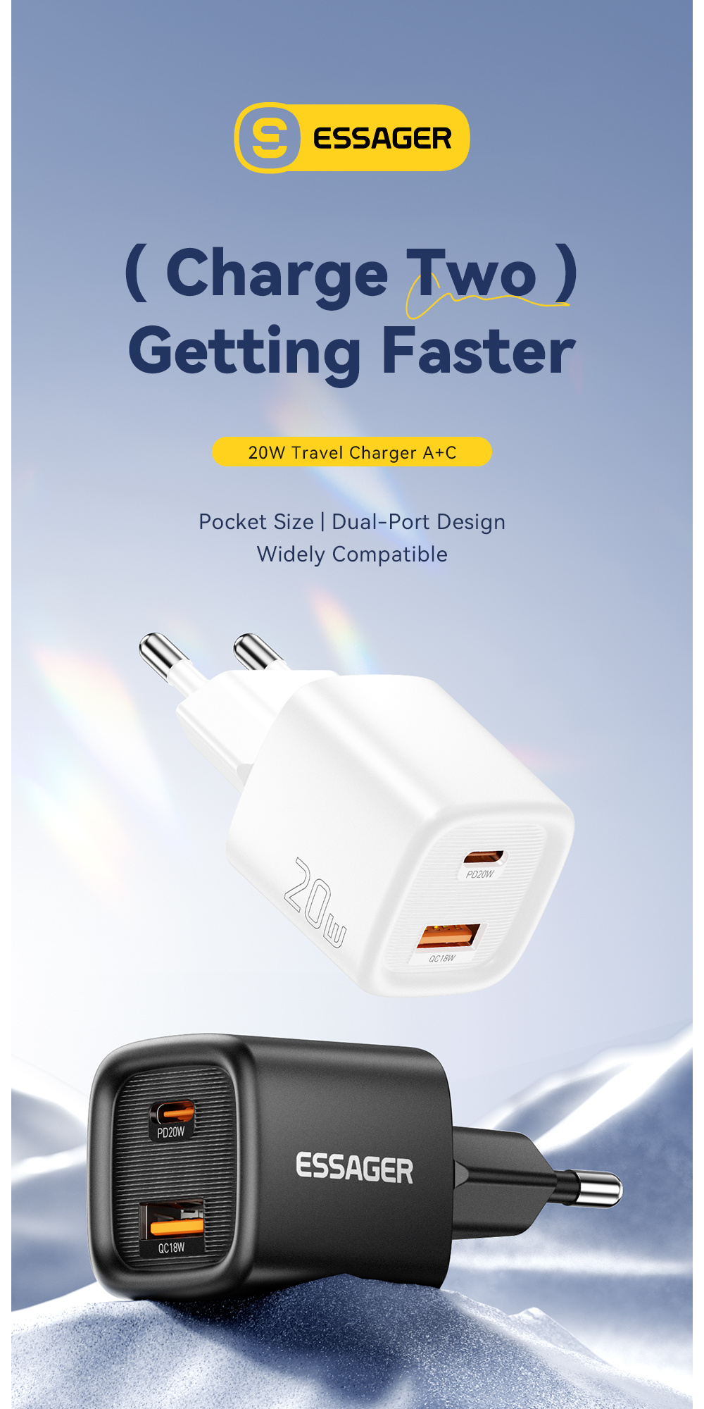 ESSAGER ES-CD54 mini adapter za brzo punjenje s USB-C / USB-A priključcima - 20W - bijeli