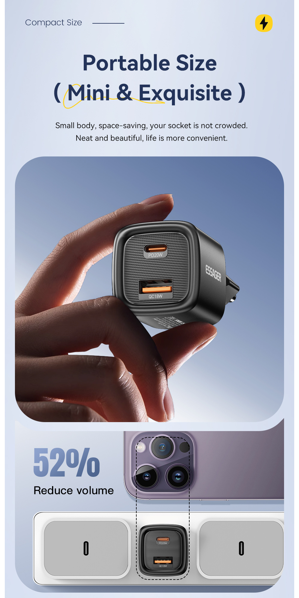 ESSAGER ES-CD54 mini adapter za brzo punjenje s USB-C / USB-A priključcima - 20W - bijeli
