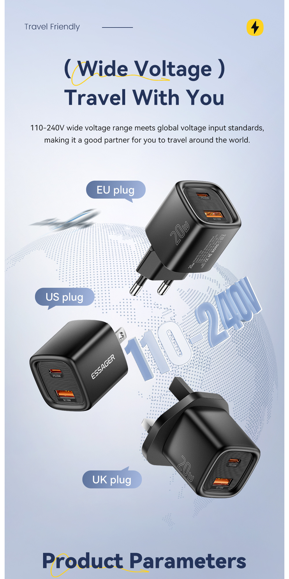 ESSAGER ES-CD54 mini adapter za brzo punjenje s USB-C / USB-A priključcima - 20W - bijeli
