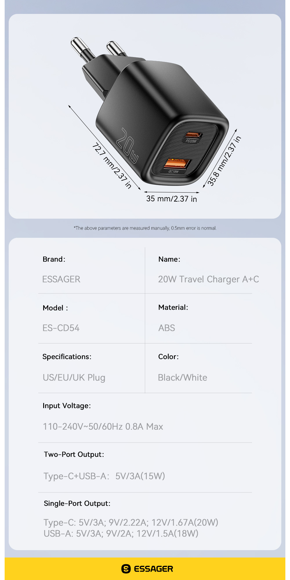 ESSAGER ES-CD54 mini adapter za brzo punjenje s USB-C / USB-A priključcima - 20W - bijeli
