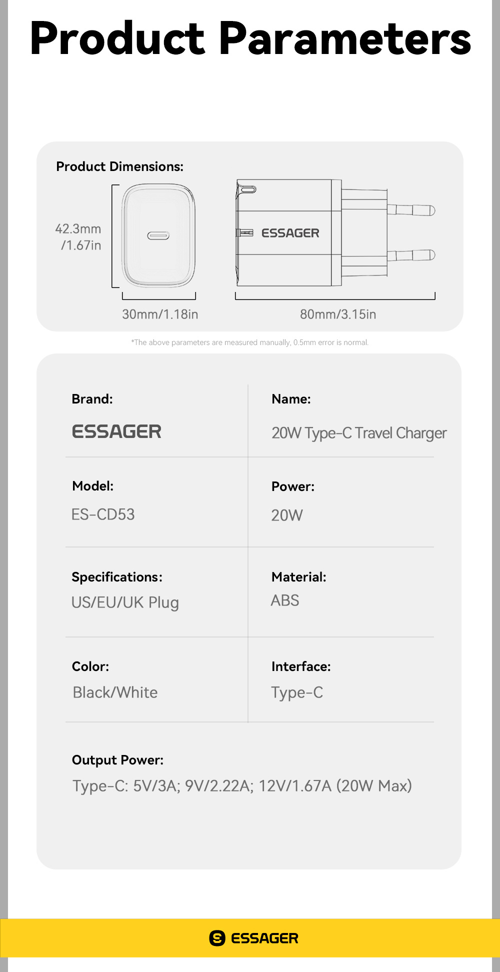 ESSAGER ES-CD53 adapter za brzo punjenje s USB-C portom - 20W - bijeli