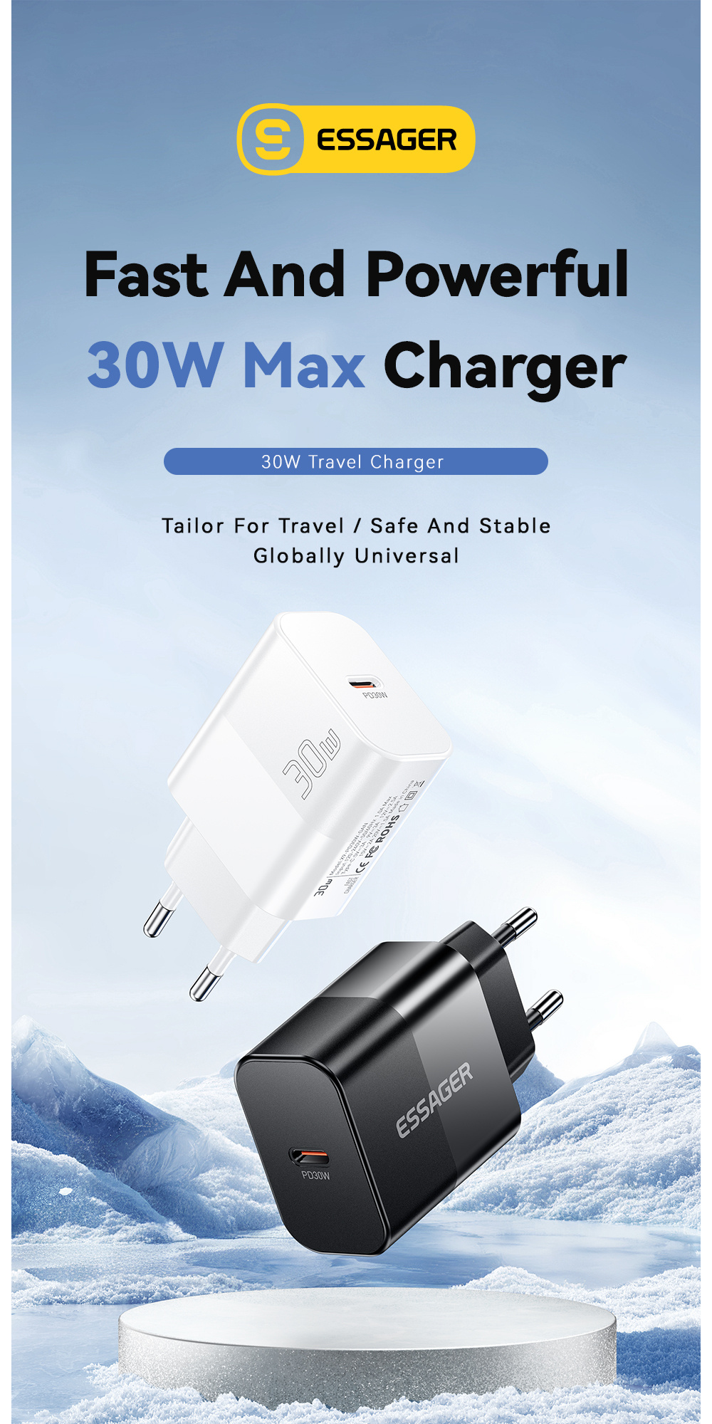 ESSAGER X9 GaN adapter za brzo punjenje s USB-C priključkom - 30W - bijeli