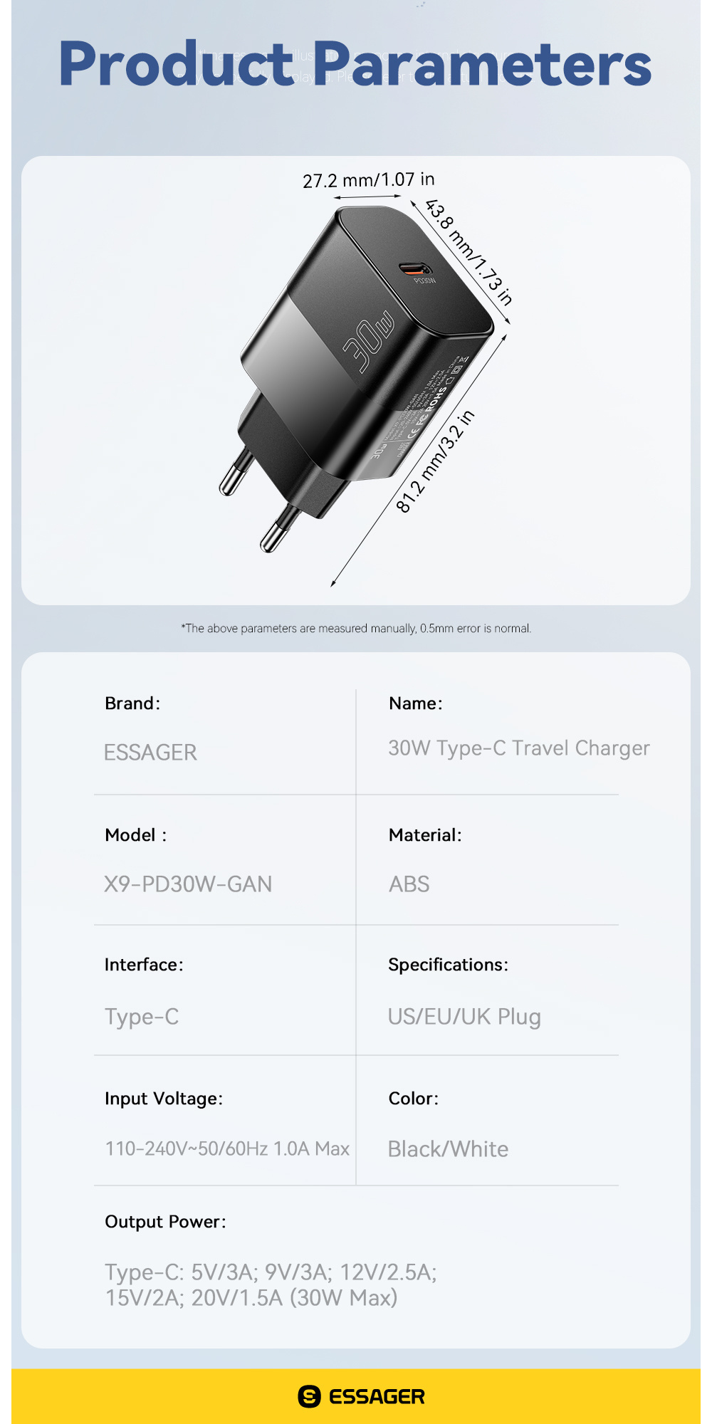 ESSAGER X9 GaN adapter za brzo punjenje s USB-C priključkom - 30W - bijeli