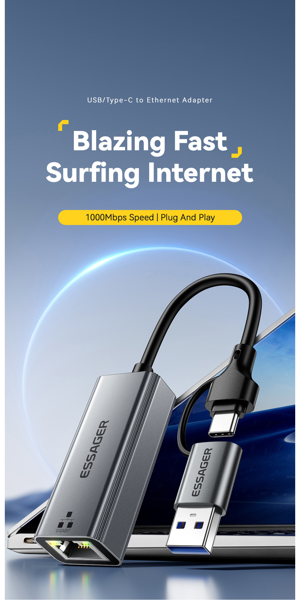ESSAGER 2u1 ethernet adapter - RJ45 na USB-C / USB-A - siva