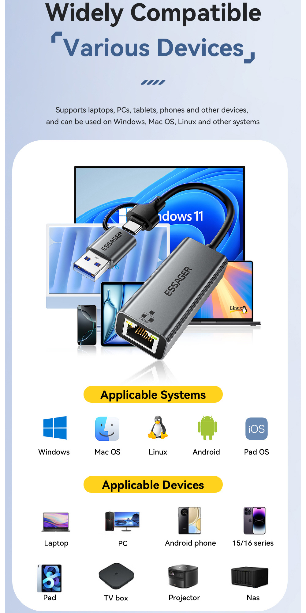 ESSAGER 2u1 ethernet adapter - RJ45 na USB-C / USB-A - siva