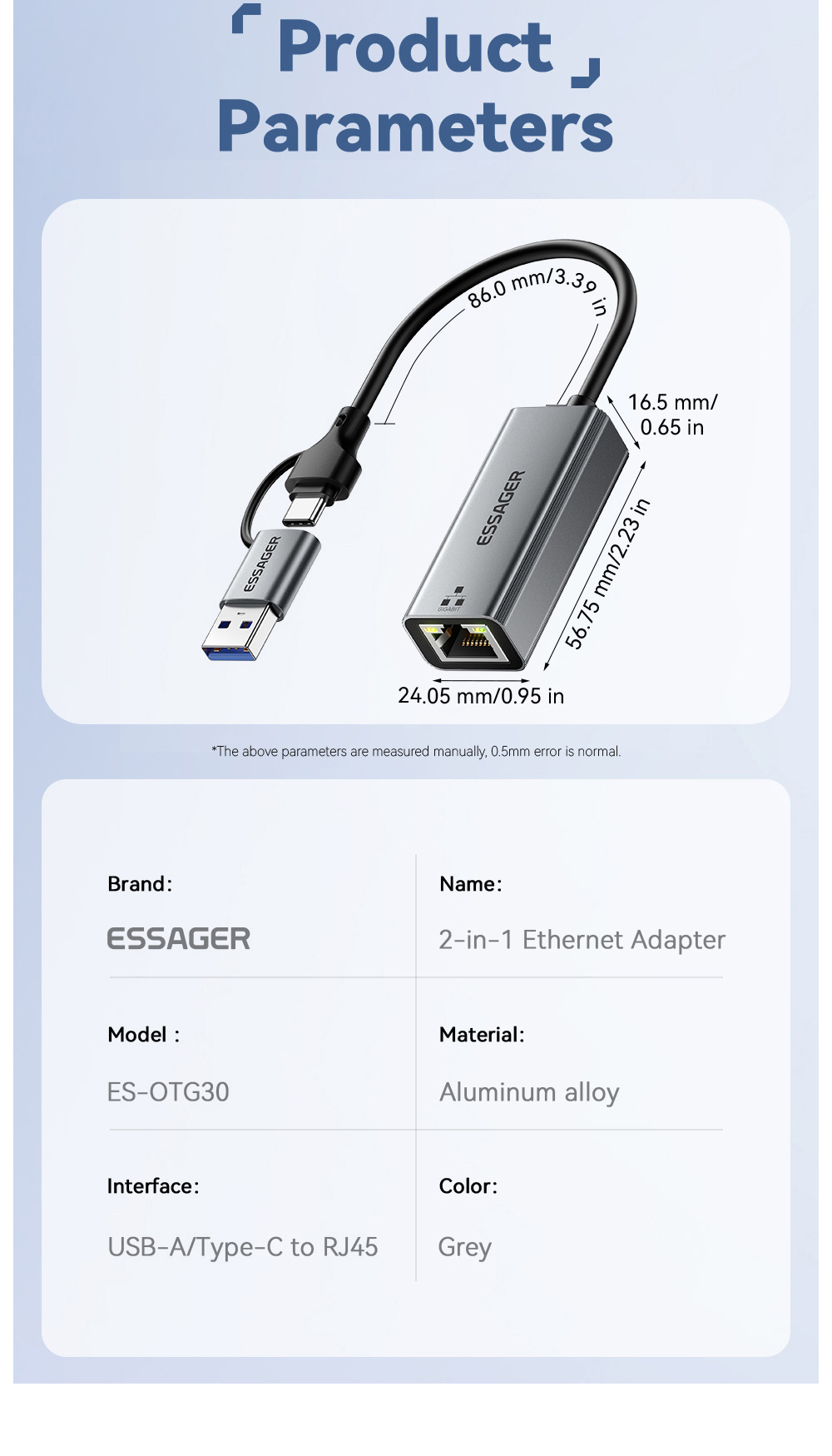 ESSAGER 2u1 ethernet adapter - RJ45 na USB-C / USB-A - siva