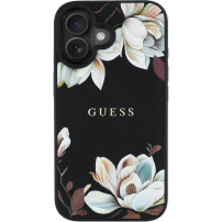 Guess Grained Magnolia Flower Pattern Case i MagSafe za iPhone 16 - crna