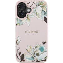 Guess Grained Magnolia maska sa uzorkom cvijeća i MagSafe za iPhone 16 - ružičasta