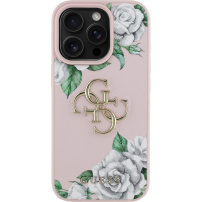 Guess Grained Roses 4G Metal Logo maska za iPhone 16 Pro - ružičasta