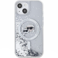 Karl Lagerfeld Liquid Glitter Karl and Choupette Heads Cover s MagSafe za iPhone 15 - srebrna