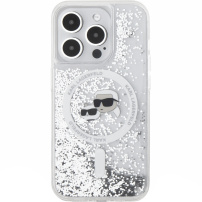 Karl Lagerfeld Liquid Glitter Karl and Choupette Heads Cover s MagSafe za iPhone 15 Pro Max - srebrna