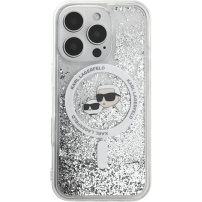 Karl Lagerfeld Liquid Glitter Karl and Choupette Heads Cover s MagSafe za iPhone 16 Pro Max - srebrna