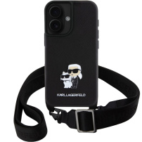 Karl Lagerfeld Metalna maska Saffiano Crossbody Karl and Choupette s podesivim remenom za iPhone 16 Plus - crna