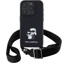 Karl Lagerfeld Metalna maska Saffiano Crossbody Karl and Choupette s podesivim remenom za iPhone 16 Pro - crna