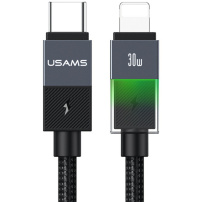 USAMS SJ776 opleteni kabel za punjenje i prijenos podataka s pozadinskim osvjetljenjem - USB-C na Lightning - 1,2 m - crni