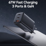 USAMS CC265 GaN adapter za brzo punjenje s portovima 2x USB-C / USB-A - 67W - bijeli